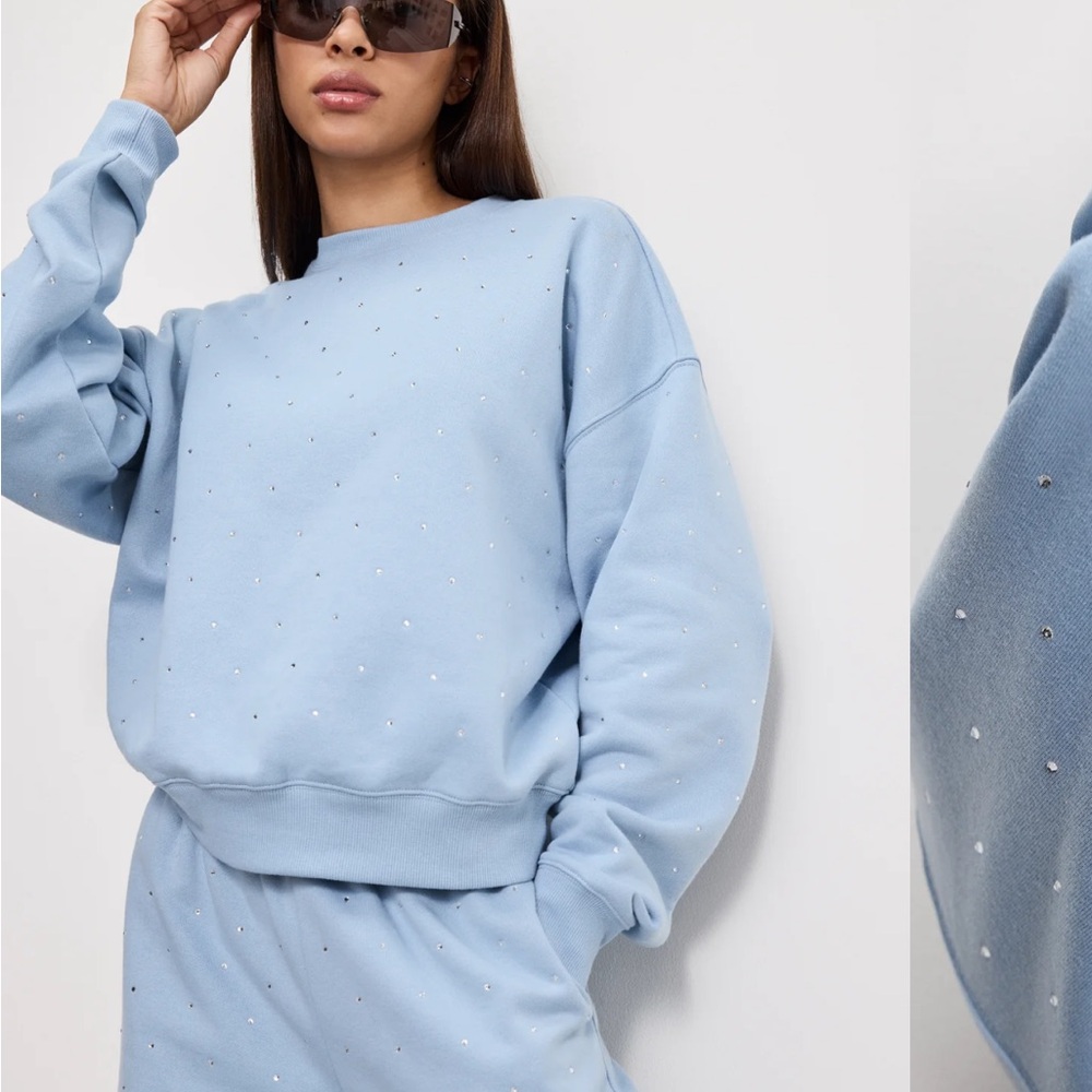 NWT Good American Crystal Crewneck Sweatshirt Light Blue Size S Winter Sky